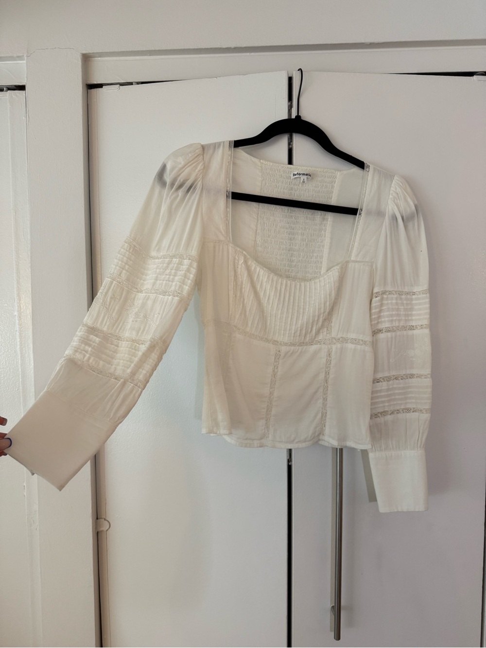 Reformation Ivory Square-Neck Peasant Blouse